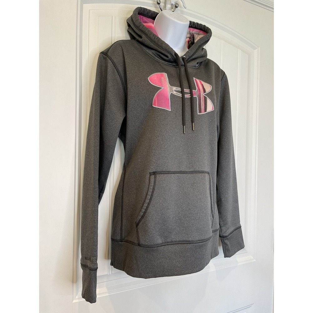 Under-Armour Womens Large Gray Pink Logo Outdoor Hoodie Pullover Kangaroo Pocket